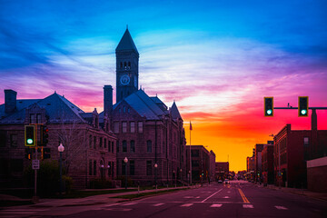 Sioux Falls City Daybreak Skyline, Street at dawn at the historic district of downtown with Old...