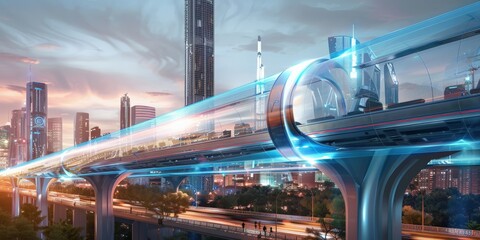 A network of elevated hyperloop tubes crisscrossing above a metropolitan skyline, with capsules whizzing by at breathtaking speeds, connecting distant parts of the city in minutes. - obrazy, fototapety, plakaty
