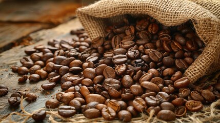 Aromatic coffee beans spilling out of a burlap sack onto a vintage tabletop, evoking the essence of freshly roasted coffee.