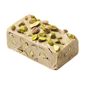 A scrumptious tahini infused halva adorned with pistachios set against a transparent background