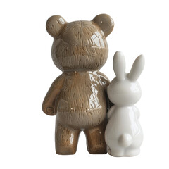 A mini figure of a Brown Bear and White Rabbit captured in rear view standing out distinctly against a transparent background