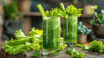 Blended spinach and kale smoothie served in a tall glass, adorned with a celery stick, presented on a rustic tabletop.