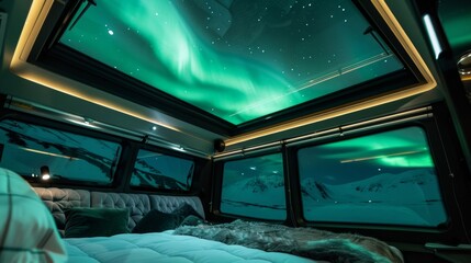 A sleek and modern iglooshaped pod with a glass ceiling providing an unobstructed view of the Northern Lights dancing in the night sky. 2d flat cartoon.