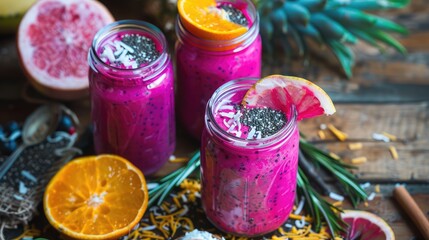 Colorful fruit smoothie in a glass jar, topped with chia seeds and coconut flakes, presented on a farmhouse-style table.