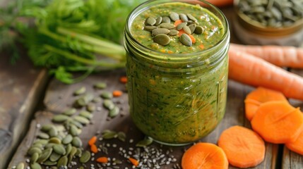 Colorful vegetable smoothie in a glass jar, topped with pumpkin seeds and carrot slices, presented on a farmhouse-style table.