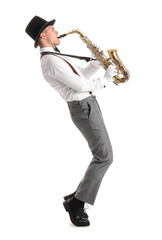Male artist playing saxophone on white background