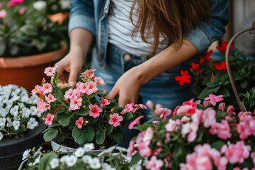 Woman taking care of the flowering plants on her terrace