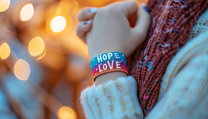 A closeup of a wristband that says Hope, Faith, Love against a soft background