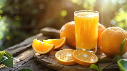 refreshing glass of orange juice on a wooden table, surrounded by slices of fresh oranges, evoking a sense of sunny refreshment.