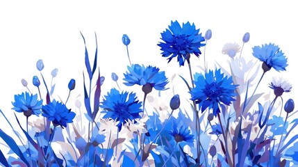 Fototapeta premium A stunning blue cornflower stands out against a white backdrop in this charming cartoon illustration of Centaurea cyanus