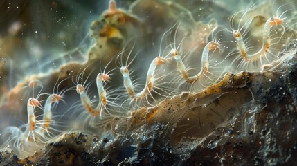 A microscopic image of a group of nematodes crawling on the surface of a submerged rock their tiny hairlike projections visible as