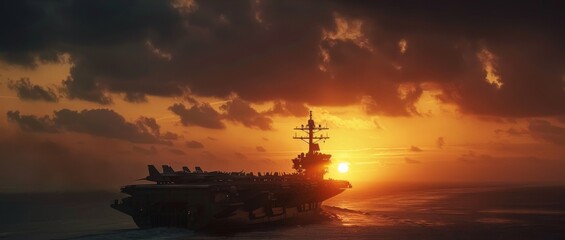A poignant scene of the aircraft carrier at the edge of dawn, the first jet taking off into the breaking light, symbolizing hope and resolve amidst the adversity of the warzone.