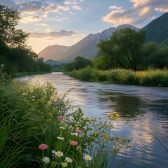 Enthralling Sundown River Landscape with Floral Bank and Majestic Mountains