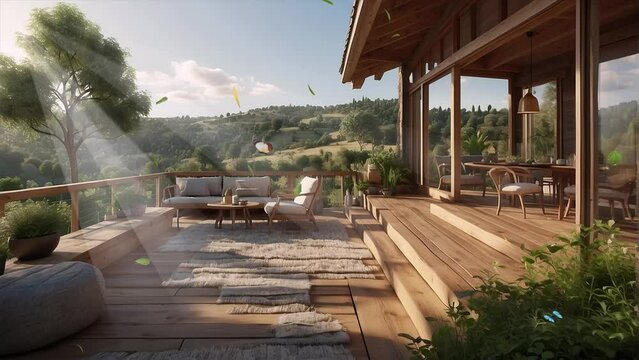 Escape to a tranquil hillside retreat where the rustic appeal of wood is infused with a touch of modern flair at a traditional resort in this mesmerizing 4K loop.