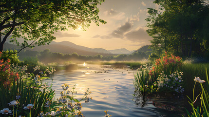 Enthralling Sundown River Landscape with Floral Bank and Majestic Mountains