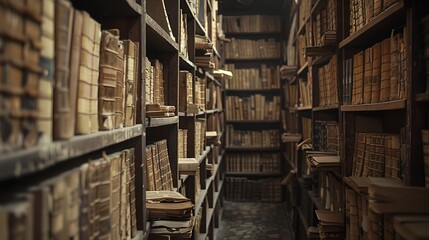 A quiet study filled with ancient religious texts, the shelves lined with manuscripts that hold...