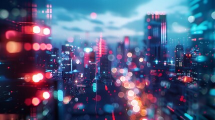 Obraz premium A blurred city skyline filled with skysers and flashing lights creates a dynamic and chaotic atmosphere that perfectly captures the spirit of modern youth rebellion. .