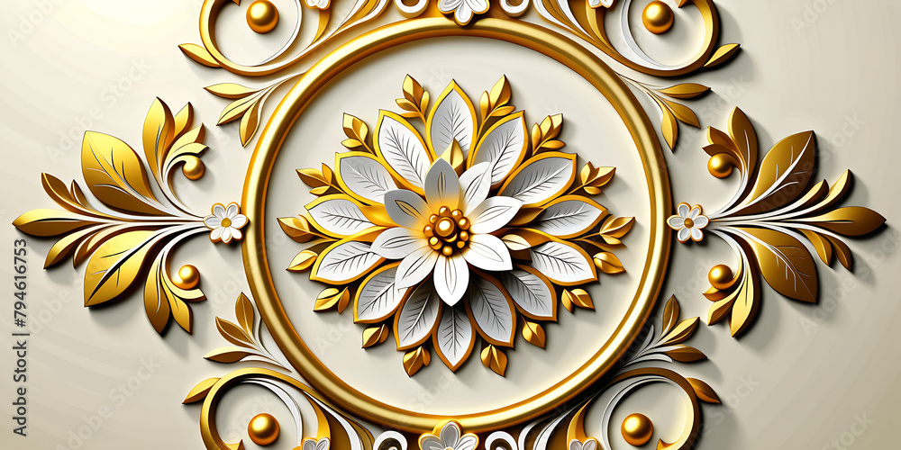 Poster Elegant 3D Design of White and Golden Floral Ornamen, 3d wallpaper