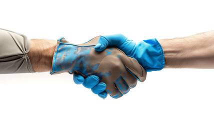 Two hands in gloves shaking hands, one in blue and the other in camouflage.