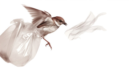 Bird in flight tangled with a plastic bag, environmental impact concept.
