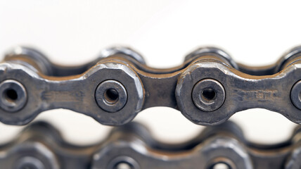 Close-up of a metallic bicycle chain, detailed engineering.