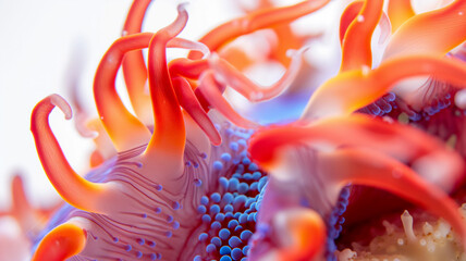 Close-up of vibrant red sea anemone tentacles with blue tips, underwater life.