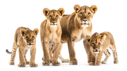Two lionesses and two cubs standing, looking forward, isolated on white.