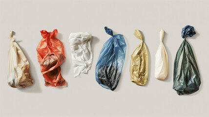 Various colored garbage bags tied up, arranged in a row on light background.