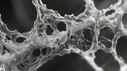 A black and white image showcasing the unique texture of fungal hyphae with tiny ridges and furrows visible at high magnification. - obrazy, fototapety, plakaty