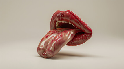 Surreal artwork of glossy red lips with textured tongue, abstract.