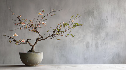 侘び寂び風景：グレーの壁の前の枝