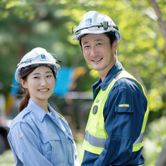 A Japanese security guard wearing a blue work uniform