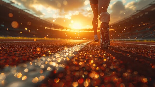 paralympic female athlete with a prosthetic leg running on the track, with a stadium in the background. - Powered by Adobe