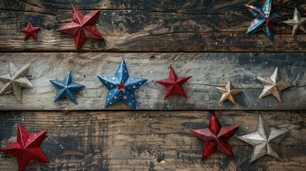 Sparkling red white and blue star ornaments placed on a rustic wooden backdrop offering ample space for text or additional elements