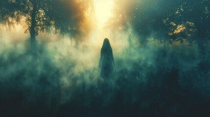 Ethereal Female Ghost in Enigmatic Misty Forest