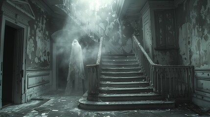 Ghostly Encounter Haunting Phantom on Mansion Staircase