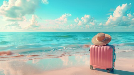 A suitcase with a straw hat on top of it is sitting on the beach.