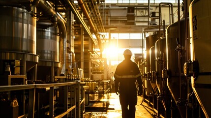 A worker overseeing the automated line, their figure silhouetted against the backdrop of the bustling machinery and the bright, sunlit brewery floor - Powered by Adobe
