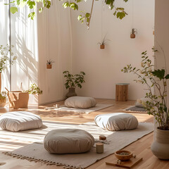 Tranquility Embodied: An Individual Engaging in RQ Restorative Yoga in a Calm and Serene Setting