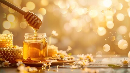 A jar of honey is poured into a glass.