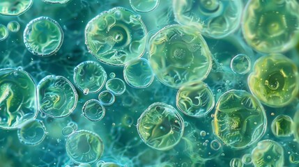 A vibrant bluegreen algae known as a spirulina clumped together in a colony under the microscope. The individual cells are small and
