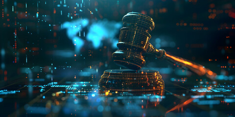 Judge's gavel on digital background The concept is cyber law and justice .
