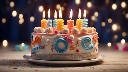 Subject: Birthday cake with candles, Type: Photorealistic Image, Art Styles: Realistic, Art Inspirations: Professional food photography, Camera: Close-up, Shot: Front, Render Related Information: 50mm