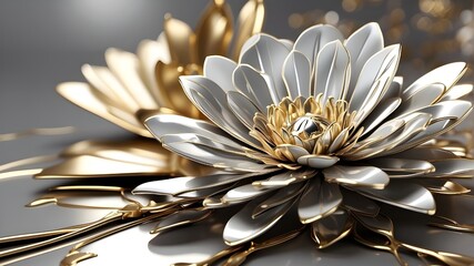 Type: Artistic Image, Subject: Elegant gold and silver flower, Art Styles: Abstract, Contemporary, Art Inspirations: Modern art installations, Camera: Close-up, Shot: Front, Render Related Information