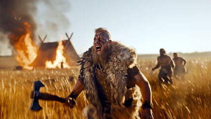 Viking warrior screaming with a burning house behind him