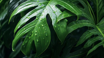 tropical leaves during rainstorm, droplets detail, photorealistic with copy space