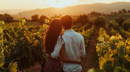 A couple stands with backs to the camera gazing lovingly at each other amidst the picturesque vineyards. The sun sets behind . .
