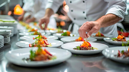 a chef in a white shirt prepares a meal on a shiny table, surrounded by white plates and bowls, wit