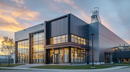 An outside view of the brewery's modern facade with large glass windows, through which the automated bottling line is visible