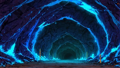 blue lighting cave tunnel art anime cartoon style background from Generative AI